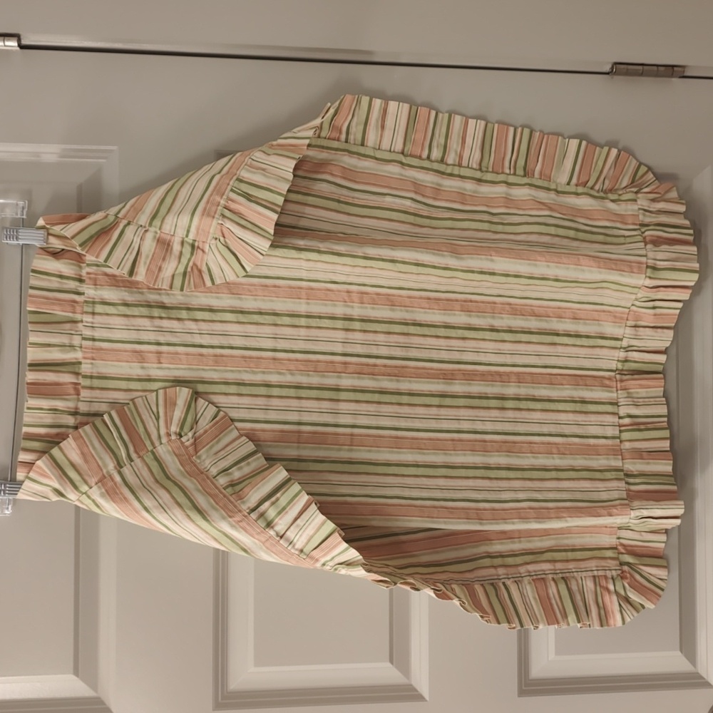 2 pillow shams 26X26 with ruffle pinks/greens/creams striped 23 inch zipper